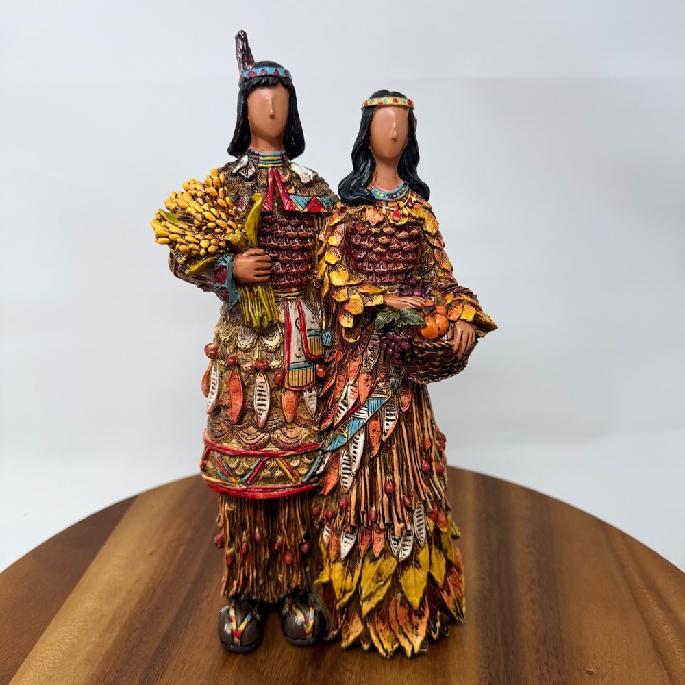 Native American Harvest Couple Figurine Resin Statue Thanksgiving Decor 11 Inch